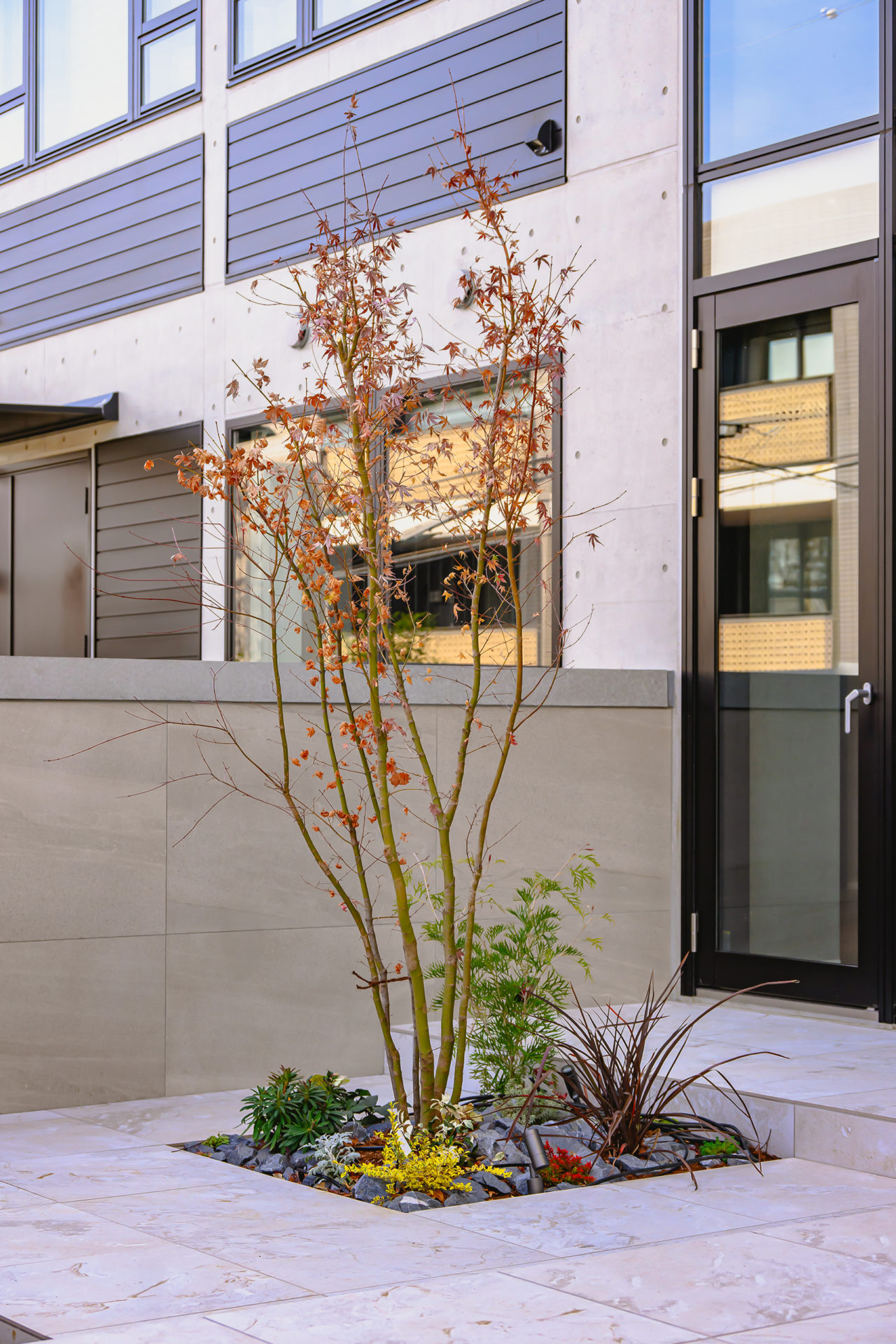 H RESIDENCEの中庭。石張りの床と水盤を配した都市型住宅の外部空間。